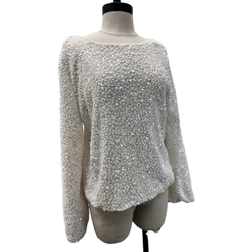 Frank Lyman Sequin Boucle Sweater Women 12 Ivory Excellent Boat Neck Long Sleeve